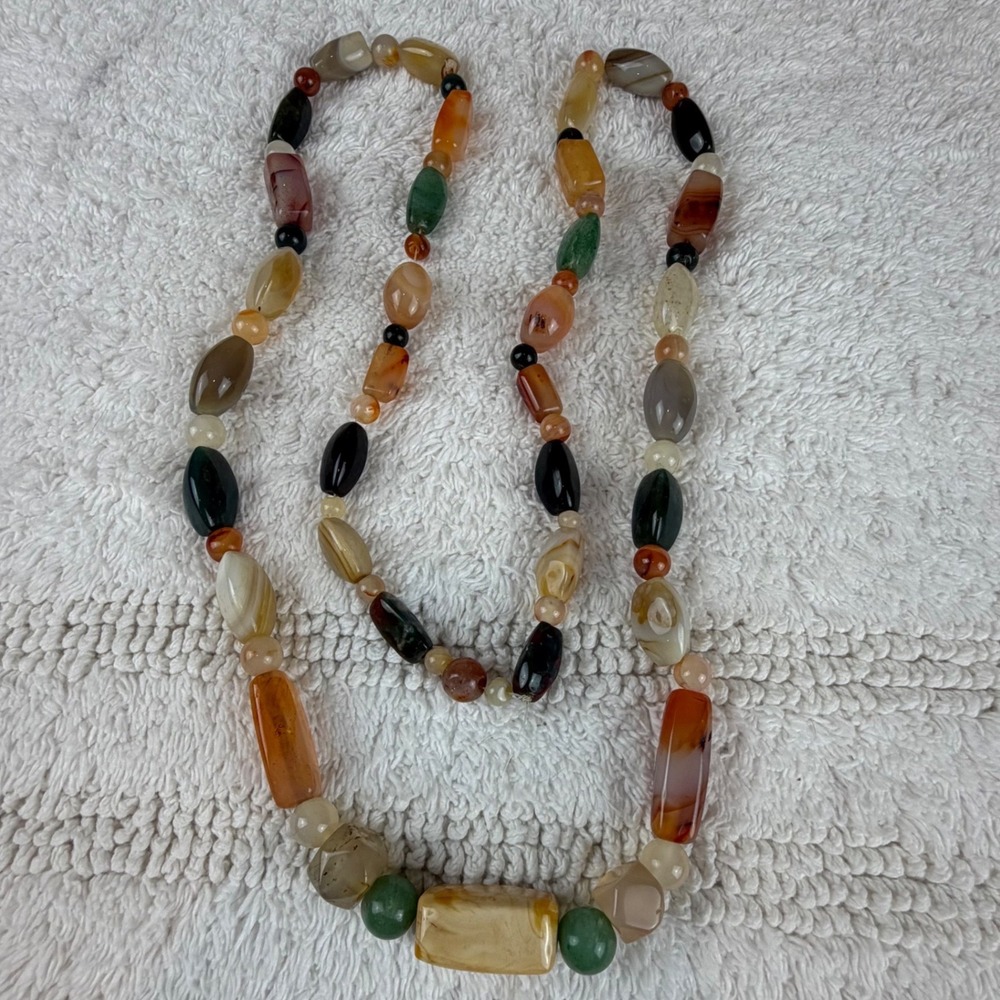 Mixed Gemstone Agate Carnelian Beaded Necklace Chunky Boho Statement Vintage